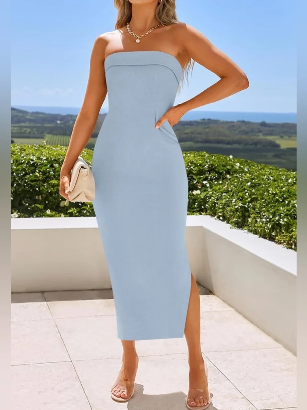 Strapless Bodycon Midi Dress w/Side Slit - Picture 1 of 5